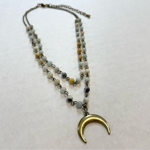 2 Layered Multi-Colored Boho Bead Necklace with Gold Crescent Horn/ Moon Charm